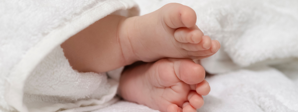 A close up of baby feet under a white blanket