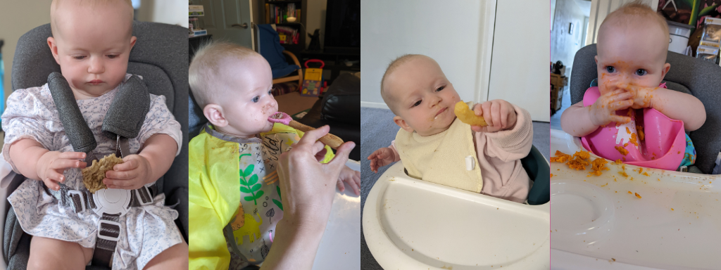 A collage of 4 pictures, a baby easts food in a high chair in each picture
