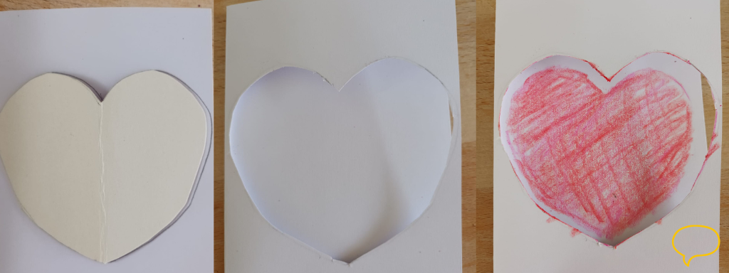 how to make a Valentine's day card with your toddler
- image shows three steps in how to make a Valentine's silhouette heart card