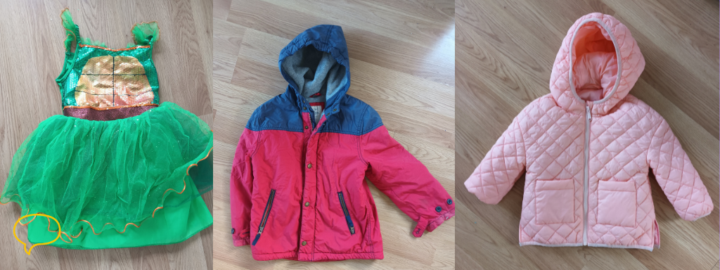 Clear Out Child's Old Clothes - the photo shows a green fairytale dress, a red and blue coat for a child and a toddler's pink jacket