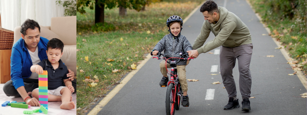 Being an active father to help childhood development -the image has two photos, one of a dad building a tower with their child and the other of a dad helping a child ride their bike