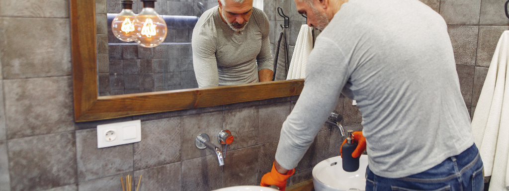 home organisation tips for parents - photo shows a man cleaning the bathroom