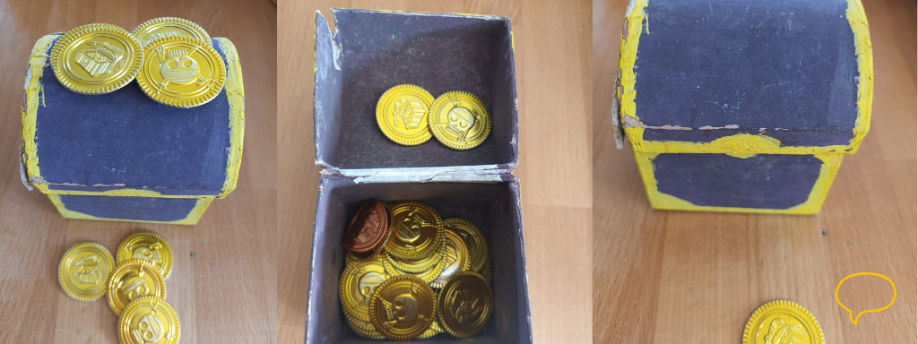 St Patrick's Day toddler crafts - the picture shows a series of three photographs of a cardboard treasure chest with play money inside